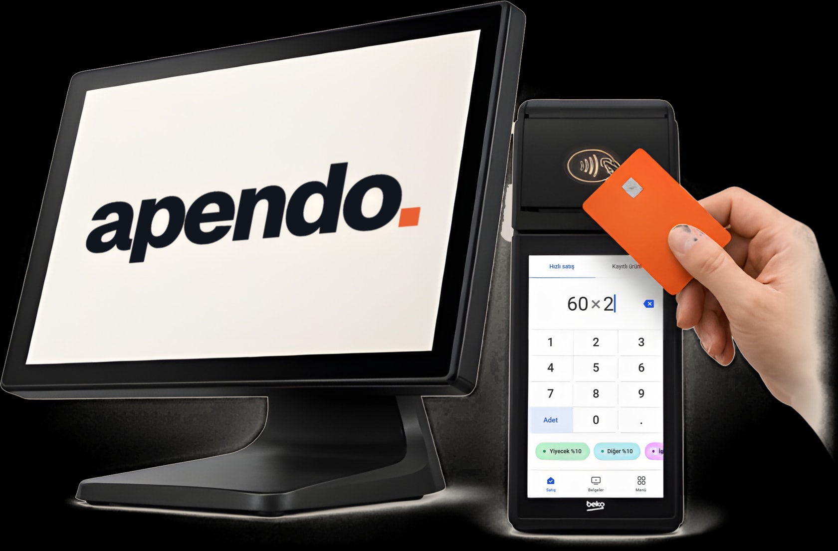 Ekranında Apendo logosu olan POS monitörü ve yazarkasa; kartla temassız ödeme yapılıyor