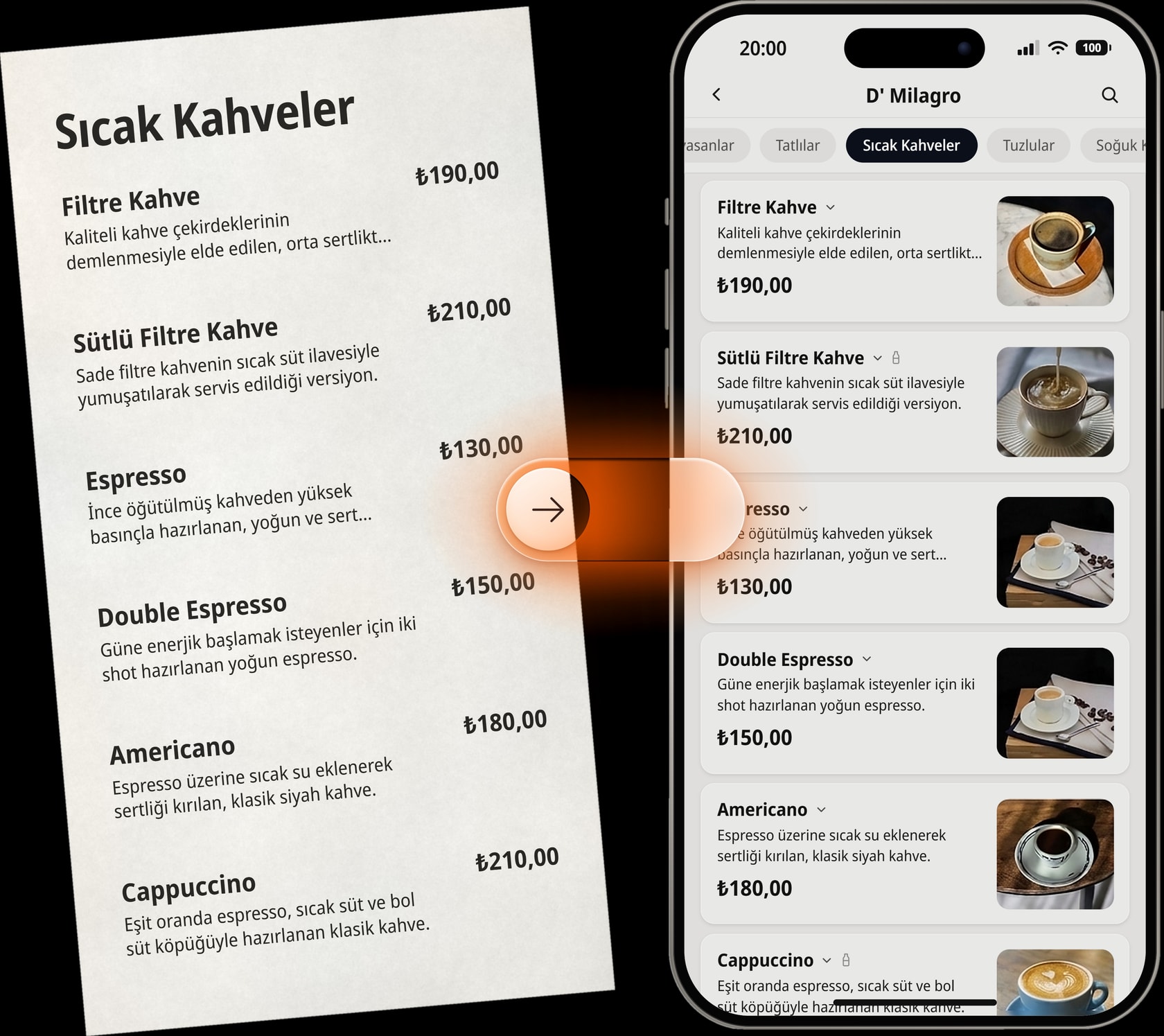 Kağıt menü ve aynı ürünlerin telefondaki dijital menüsü; arada dönüşümü gösteren ok